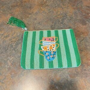 Anthropologie Fiona Beaded Tea Cups Green Blue White Pouch Clutch NWOT